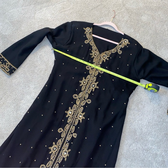 XL‎ Modest Ethnic Abaya Kaftan Maxi Evening Dress Muslim Black Gold Beaded - Picture 3 of 16